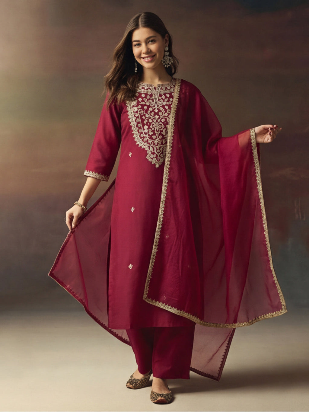 Embroidered Silk Blend Kurta pant & Organza Dupatta Set For Women