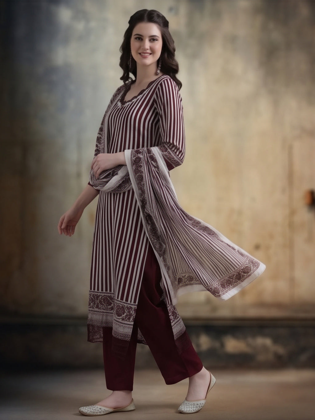 Striped Printed Thread Work Pure Cotton Kurta With Pant & Mulmul Dupatta