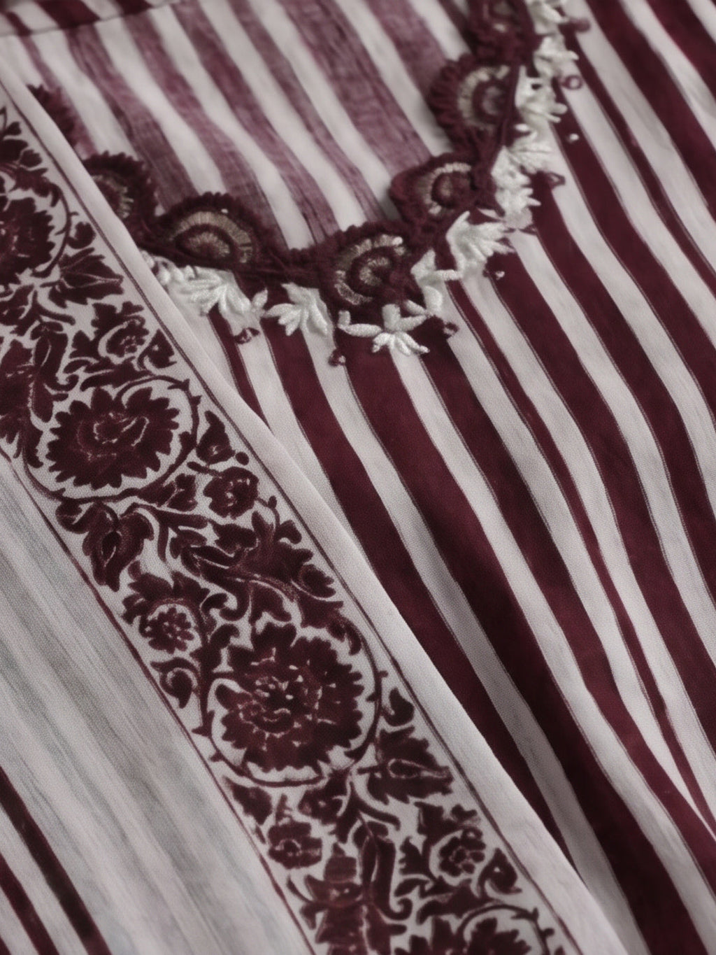 Striped Printed Thread Work Pure Cotton Kurta With Pant & Mulmul Dupatta