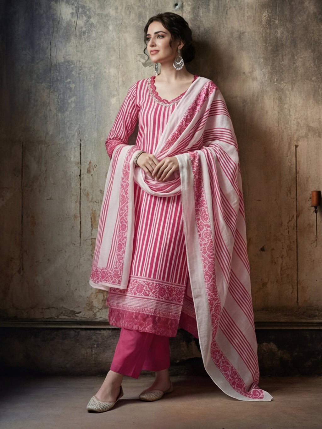 Striped Printed Thread Work Pure Cotton Kurta With Pant & Mulmul Dupatta