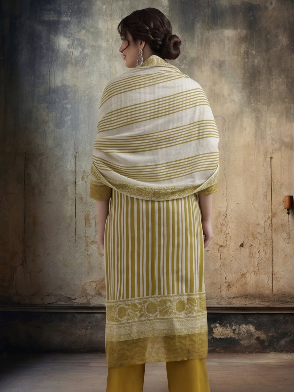 Striped Printed Thread Work Pure Cotton Kurta With Pant & Mulmul Dupatta
